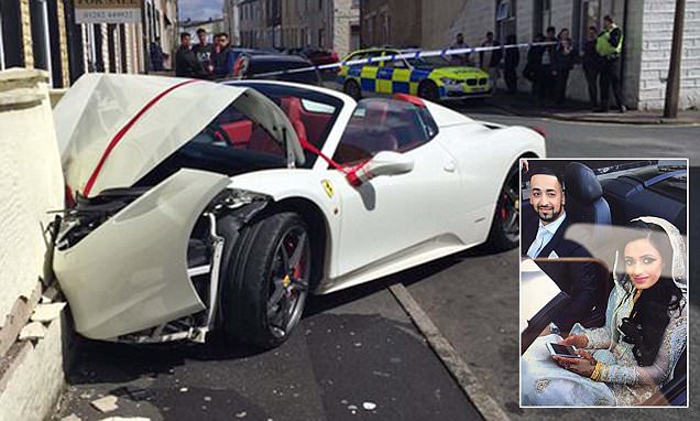 Super Car smash which seems to have been hired for a wedding and had red ribbons on it for a celebration. The Ferarri 458 Spider, which costs up to £239,000, lost control in Abel Street, Lancashire / Source; LANCS POLICE